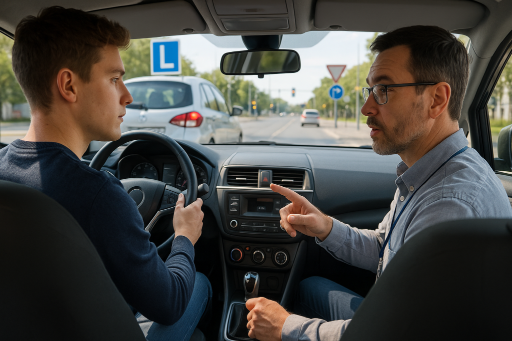 Kursant i instruktor podczas jazdy doszkalającej samochodem w ruchu miejskim